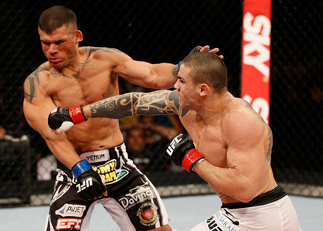 FORTALEZA, BRAZIL - JUNE 08: (R-L) Daniel Sarafian punches Eddie Mendez in their middleweight fight during the UFC on FUEL TV event at Paulo Sarasate Arena on June 8, 2013 in Fortaleza, Ceara, Brazil. (Photo by Josh Hedges/Zuffa LLC/Zuffa LLC via Getty