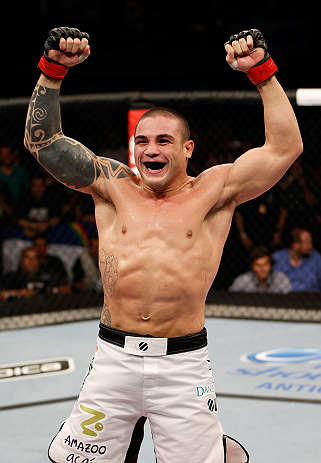 FORTALEZA, BRAZIL - JUNE 08: Daniel Sarafian reacts after defeating Eddie Mendez in their middleweight fight during the UFC on FUEL TV event at Paulo Sarasate Arena on June 8, 2013 in Fortaleza, Ceara, Brazil. (Photo by Josh Hedges/Zuffa LLC/Zuffa LLC v