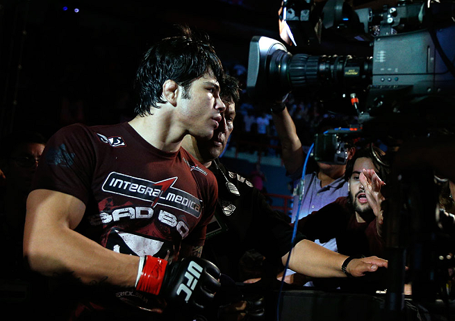 FORTALEZA, BRAZIL - JUNE 08: Erick Silva enters the arena before his welterweight fight against Jason High during the UFC on FUEL TV event at Paulo Sarasate Arena on June 8, 2013 in Fortaleza, Ceara, Brazil. (Photo by Josh Hedges/Zuffa LLC/Zuffa LLC via