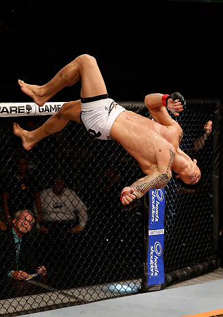 FORTALEZA, BRAZIL - JUNE 08: Erick Silva reacts after defeating Jason High in their welterweight fight during the UFC on FUEL TV event at Paulo Sarasate Arena on June 8, 2013 in Fortaleza, Ceara, Brazil. (Photo by Josh Hedges/Zuffa LLC/Zuffa LLC via Get