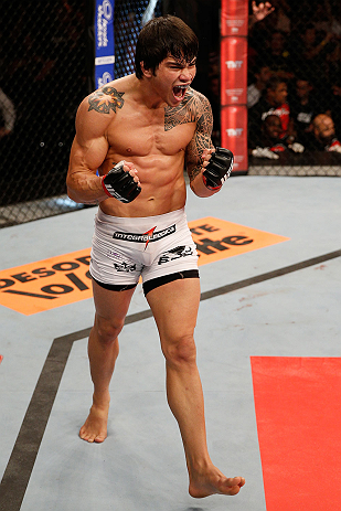 FORTALEZA, BRAZIL - JUNE 08: Erick Silva reacts after defeating Jason High in their welterweight fight during the UFC on FUEL TV event at Paulo Sarasate Arena on June 8, 2013 in Fortaleza, Ceara, Brazil. (Photo by Josh Hedges/Zuffa LLC/Zuffa LLC via Get