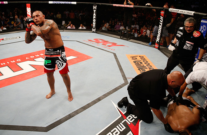 FORTALEZA, BRAZIL - JUNE 08: Thiago Silva reacts after knocking out Rafael "Feijao" Cavalcante in their light heavyweight fight during the UFC on FUEL TV event at Paulo Sarasate Arena on June 8, 2013 in Fortaleza, Ceara, Brazil. (Photo by Josh Hedges/Zu