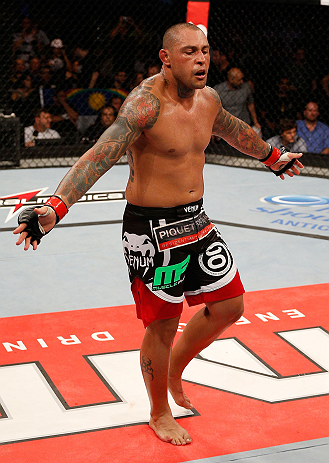 FORTALEZA, BRAZIL - JUNE 08: Thiago Silva reacts after knocking out Rafael "Feijao" Cavalcante in their light heavyweight fight during the UFC on FUEL TV event at Paulo Sarasate Arena on June 8, 2013 in Fortaleza, Ceara, Brazil. (Photo by Josh Hedges/Zu