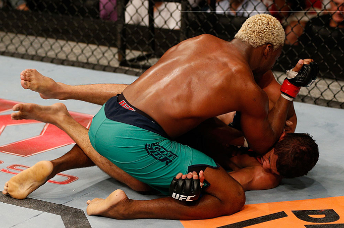 FORTALEZA, BRAZIL - JUNE 08: (L-R) William "Patolino" Macario elbows Leonardo Santos in their welterweight fight during the UFC on FUEL TV event at Paulo Sarasate Arena on June 8, 2013 in Fortaleza, Ceara, Brazil. (Photo by Josh Hedges/Zuffa LLC/Zuffa L