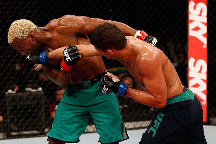 FORTALEZA, BRAZIL - JUNE 08: (R-L) Leonardo Santos punches William "Patolino" Macario in their welterweight fight during the UFC on FUEL TV event at Paulo Sarasate Arena on June 8, 2013 in Fortaleza, Ceara, Brazil. (Photo by Josh Hedges/Zuffa LLC/Zuffa