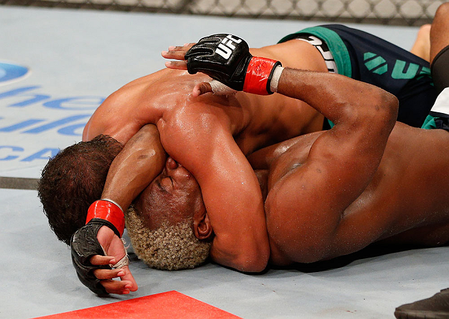 FORTALEZA, BRAZIL - JUNE 08: (L-R) Leonardo Santos defeats William "Patolino" Macario with an arm triangle submission in their welterweight fight during the UFC on FUEL TV event at Paulo Sarasate Arena on June 8, 2013 in Fortaleza, Ceara, Brazil. (Photo