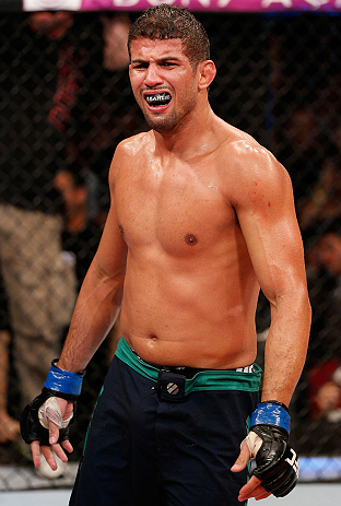 FORTALEZA, BRAZIL - JUNE 08: Leonardo Santos reacts after defeating William Macario in their welterweight fight during the UFC on FUEL TV event at Paulo Sarasate Arena on June 8, 2013 in Fortaleza, Ceara, Brazil. (Photo by Josh Hedges/Zuffa LLC/Zuffa LL