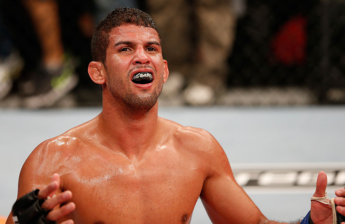 FORTALEZA, BRAZIL - JUNE 08: Leonardo Santos reacts after defeating William Macario in their welterweight fight during the UFC on FUEL TV event at Paulo Sarasate Arena on June 8, 2013 in Fortaleza, Ceara, Brazil. (Photo by Josh Hedges/Zuffa LLC/Zuffa LL