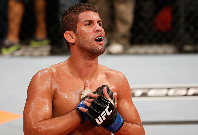 FORTALEZA, BRAZIL - JUNE 08: Leonardo Santos reacts after defeating William Macario in their welterweight fight during the UFC on FUEL TV event at Paulo Sarasate Arena on June 8, 2013 in Fortaleza, Ceara, Brazil. (Photo by Josh Hedges/Zuffa LLC/Zuffa LL