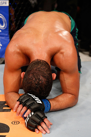 FORTALEZA, BRAZIL - JUNE 08: Leonardo Santos reacts after defeating William Macario in their welterweight fight during the UFC on FUEL TV event at Paulo Sarasate Arena on June 8, 2013 in Fortaleza, Ceara, Brazil. (Photo by Josh Hedges/Zuffa LLC/Zuffa LL