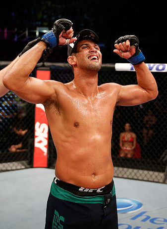 FORTALEZA, BRAZIL - JUNE 08: Leonardo Santos reacts after defeating William Macario in their welterweight fight during the UFC on FUEL TV event at Paulo Sarasate Arena on June 8, 2013 in Fortaleza, Ceara, Brazil. (Photo by Josh Hedges/Zuffa LLC/Zuffa LL