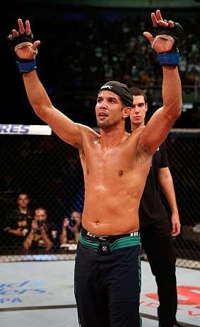 FORTALEZA, BRAZIL - JUNE 08: Leonardo Santos reacts after defeating William Macario in their welterweight fight during the UFC on FUEL TV event at Paulo Sarasate Arena on June 8, 2013 in Fortaleza, Ceara, Brazil. (Photo by Josh Hedges/Zuffa LLC/Zuffa LL