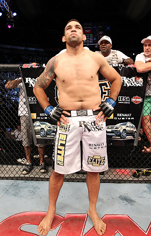 FORTALEZA, BRAZIL - JUNE 08: Fabricio Werdum stands in the Octagon before his heavyweight fight against Antonio Rodrigo "Minotauro" Nogueira during the UFC on FUEL TV event at Paulo Sarasate Arena on June 8, 2013 in Fortaleza, Ceara, Brazil. (Photo by J