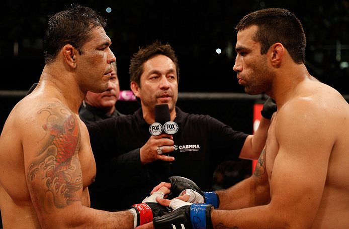 FORTALEZA, BRAZIL - JUNE 08: (L-R) Opponents Antonio Rodrigo "Minotauro" Nogueira and Fabricio Werdum face off before their heavyweight fight during the UFC on FUEL TV event at Paulo Sarasate Arena on June 8, 2013 in Fortaleza, Ceara, Brazil. (Photo by