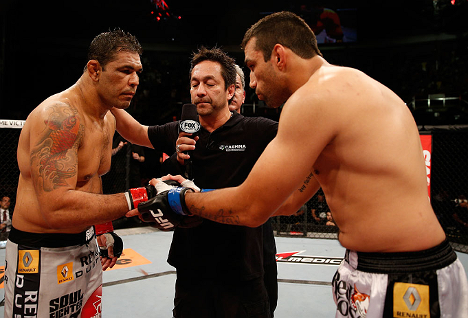 FORTALEZA, BRAZIL - JUNE 08: (L-R) Opponents Antonio Rodrigo "Minotauro" Nogueira and Fabricio Werdum face off before their heavyweight fight during the UFC on FUEL TV event at Paulo Sarasate Arena on June 8, 2013 in Fortaleza, Ceara, Brazil. (Photo by