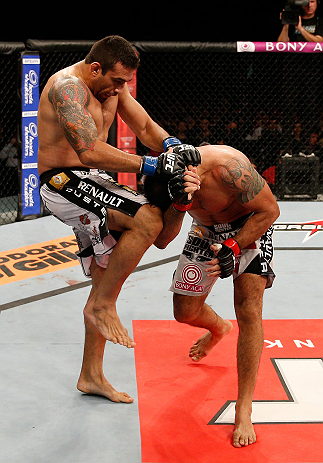 FORTALEZA, BRAZIL - JUNE 08: (L-R) Fabricio Werdum knees Antonio Rodrigo "Minotauro" Nogueira in their heavyweight fight during the UFC on FUEL TV event at Paulo Sarasate Arena on June 8, 2013 in Fortaleza, Ceara, Brazil. (Photo by Josh Hedges/Zuffa LLC