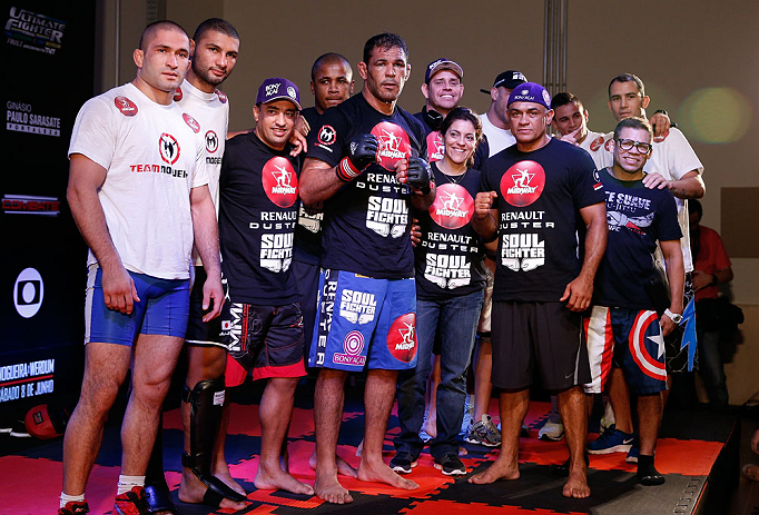 FORTALEZA, BRAZIL - JUNE 06: Antonio Rodrigo "Minotauro" Nogueira poses with his team after holding an open training session for media at Centro de Eventos do Ceara on June 6, 2013 in Fortaleza, Ceara, Brazil. (Photo by Josh Hedges/Zuffa LLC/Zuffa LLC v