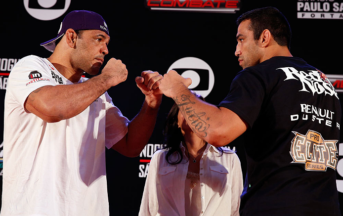 FORTALEZA, BRAZIL - JUNE 06: (L-R) Opponents Antonio Rodrigo "Minotauro" Nogueira and Fabricio Werdum face off at Centro de Eventos do Ceara on June 6, 2013 in Fortaleza, Ceara, Brazil. (Photo by Josh Hedges/Zuffa LLC/Zuffa LLC via Getty Images)
