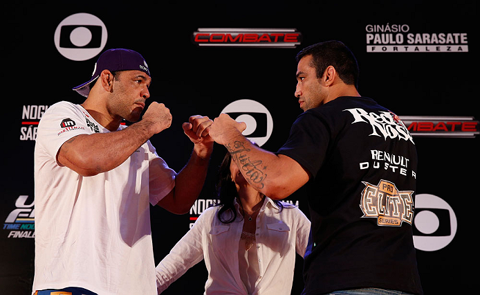 FORTALEZA, BRAZIL - JUNE 06: (L-R) Opponents Antonio Rodrigo "Minotauro" Nogueira and Fabricio Werdum face off at Centro de Eventos do Ceara on June 6, 2013 in Fortaleza, Ceara, Brazil. (Photo by Josh Hedges/Zuffa LLC/Zuffa LLC via Getty Images)
