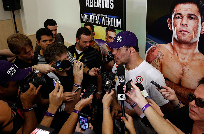 FORTALEZA, BRAZIL - JUNE 06: Antonio Rodrigo "Minotauro" Nogueira interacts with media at Centro de Eventos do Ceara on June 6, 2013 in Fortaleza, Ceara, Brazil. (Photo by Josh Hedges/Zuffa LLC/Zuffa LLC via Getty Images)