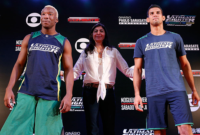 FORTALEZA, BRAZIL - JUNE 06: (L-R) Opponents William "Patolino" Macario and Leonardo Santos pose for photos at Centro de Eventos do Ceara on June 6, 2013 in Fortaleza, Ceara, Brazil. (Photo by Josh Hedges/Zuffa LLC/Zuffa LLC via Getty Images)