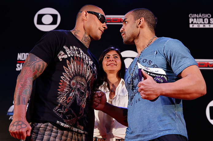 FORTALEZA, BRAZIL - JUNE 06: (L-R) Opponents Thiago Silva and Rafael "Feijao" Cavalcante face off at Centro de Eventos do Ceara on June 6, 2013 in Fortaleza, Ceara, Brazil. (Photo by Josh Hedges/Zuffa LLC/Zuffa LLC via Getty Images)