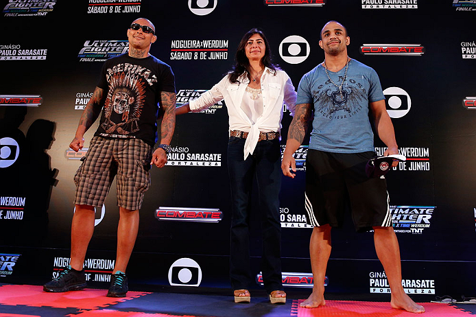 FORTALEZA, BRAZIL - JUNE 06: (L-R) Opponents Thiago Silva and Rafael "Feijao" Cavalcante pose for photos at Centro de Eventos do Ceara on June 6, 2013 in Fortaleza, Ceara, Brazil. (Photo by Josh Hedges/Zuffa LLC/Zuffa LLC via Getty Images)