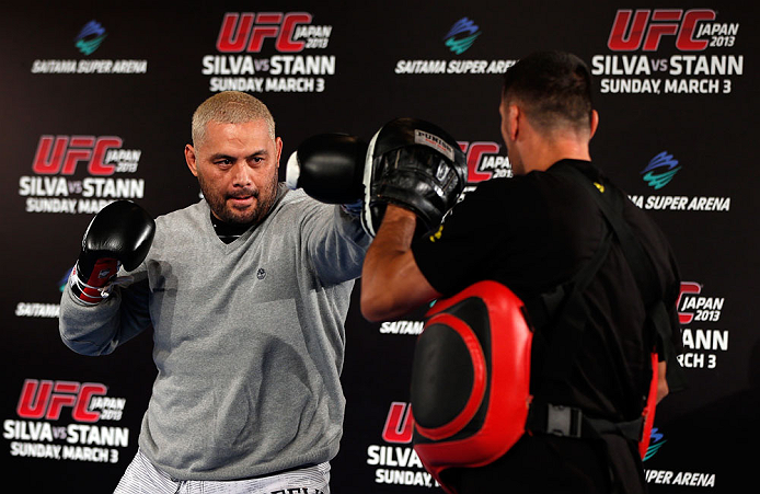 TOKYO, JAPAN - FEBRUARY 28: Mark Hunt holds an open training session for media at the Hilton Sjinjuku Hotel on February 28, 2013 in Tokyo, Japan. (Photo by Josh Hedges/Zuffa LLC/Zuffa LLC via Getty Images)