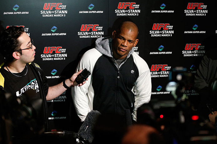 TOKYO, JAPAN - FEBRUARY 28: Hector Lombard talks with media after an open training session at the Hilton Sjinjuku Hotel on February 28, 2013 in Tokyo, Japan. (Photo by Josh Hedges/Zuffa LLC/Zuffa LLC via Getty Images)