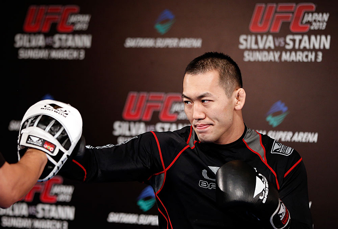 TOKYO, JAPAN - FEBRUARY 28: Yushin Okami holds an open training session for media at the Hilton Sjinjuku Hotel on February 28, 2013 in Tokyo, Japan. (Photo by Josh Hedges/Zuffa LLC/Zuffa LLC via Getty Images)
