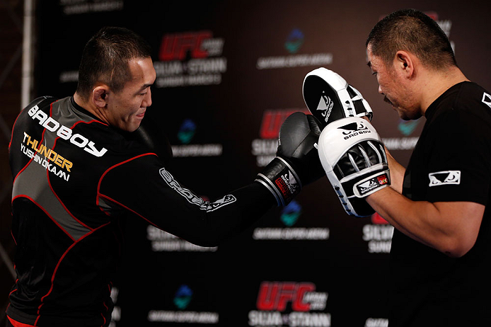 TOKYO, JAPAN - FEBRUARY 28: Yushin Okami holds an open training session for media at the Hilton Sjinjuku Hotel on February 28, 2013 in Tokyo, Japan. (Photo by Josh Hedges/Zuffa LLC/Zuffa LLC via Getty Images)