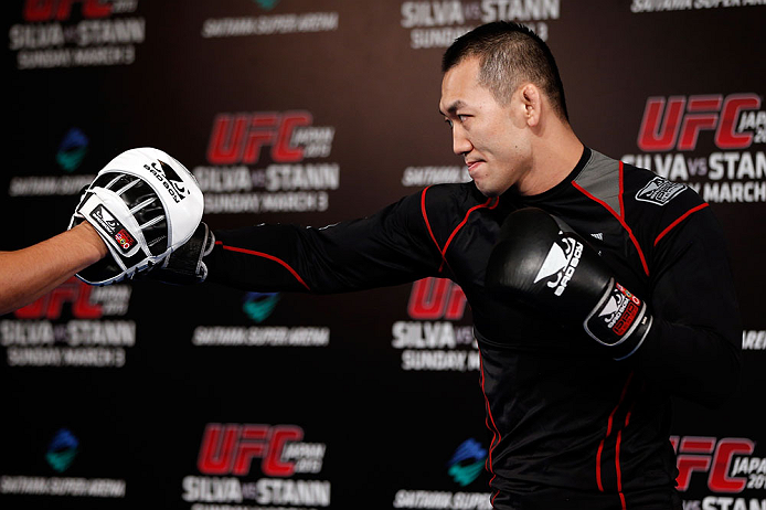 TOKYO, JAPAN - FEBRUARY 28: Yushin Okami holds an open training session for media at the Hilton Sjinjuku Hotel on February 28, 2013 in Tokyo, Japan. (Photo by Josh Hedges/Zuffa LLC/Zuffa LLC via Getty Images)