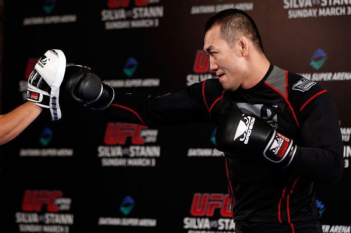 TOKYO, JAPAN - FEBRUARY 28: Yushin Okami holds an open training session for media at the Hilton Sjinjuku Hotel on February 28, 2013 in Tokyo, Japan. (Photo by Josh Hedges/Zuffa LLC/Zuffa LLC via Getty Images)