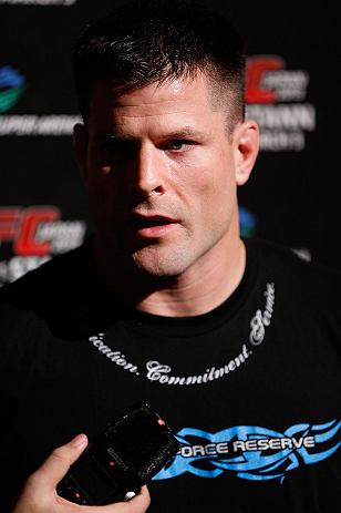 TOKYO, JAPAN - FEBRUARY 28: Brian Stann talks with media after an open training session at the Hilton Sjinjuku Hotel on February 28, 2013 in Tokyo, Japan. (Photo by Josh Hedges/Zuffa LLC/Zuffa LLC via Getty Images)