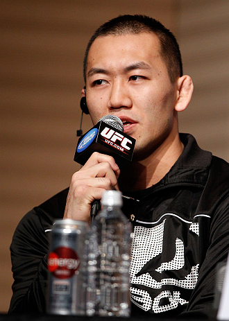 TOKYO, JAPAN - FEBRUARY 28: Yushin Okami interacts with media during a UFC press conference at the Hilton Sjinjuku Hotel on February 28, 2013 in Tokyo, Japan. (Photo by Josh Hedges/Zuffa LLC/Zuffa LLC via Getty Images)