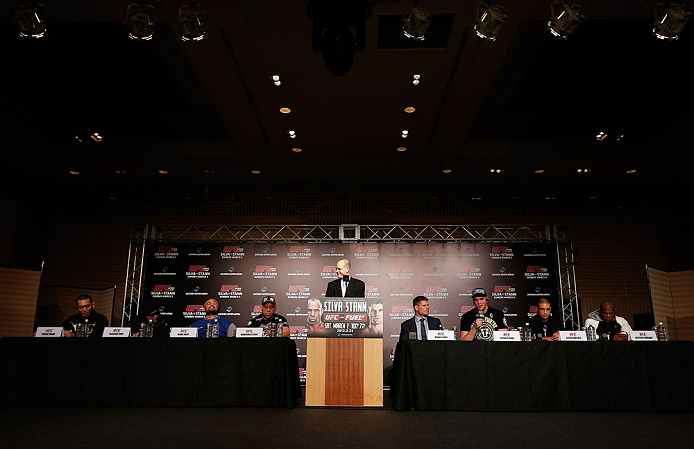 TOKYO, JAPAN - FEBRUARY 28: A general view of the fighters on the dais during a UFC press conference at the Hilton Sjinjuku Hotel on February 28, 2013 in Tokyo, Japan. (Photo by Josh Hedges/Zuffa LLC/Zuffa LLC via Getty Images)