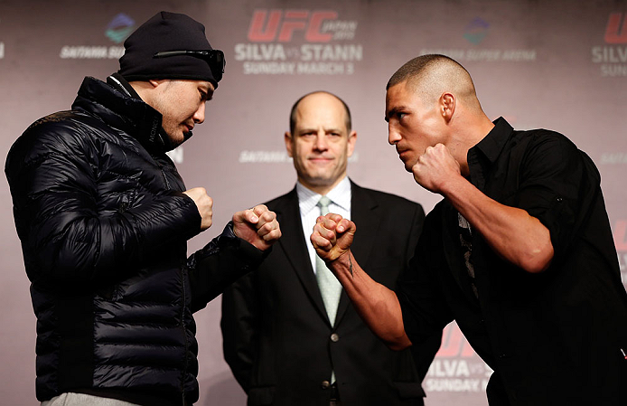TOKYO, JAPAN - FEBRUARY 28: (L-R) Opponents Takanori Gomi and Diego Sanchez face off during a UFC press conference at the Hilton Sjinjuku Hotel on February 28, 2013 in Tokyo, Japan. (Photo by Josh Hedges/Zuffa LLC/Zuffa LLC via Getty Images)