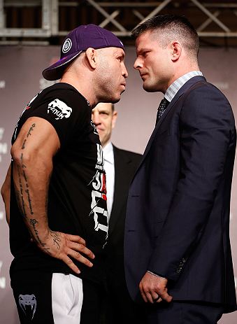 TOKYO, JAPAN - FEBRUARY 28: (L-R) Opponents Wanderlei Silva and Brian Stann face off during a UFC press conference at the Hilton Sjinjuku Hotel on February 28, 2013 in Tokyo, Japan. (Photo by Josh Hedges/Zuffa LLC/Zuffa LLC via Getty Images)