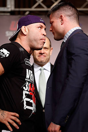 TOKYO, JAPAN - FEBRUARY 28: (L-R) Opponents Wanderlei Silva and Brian Stann face off during a UFC press conference at the Hilton Sjinjuku Hotel on February 28, 2013 in Tokyo, Japan. (Photo by Josh Hedges/Zuffa LLC/Zuffa LLC via Getty Images)