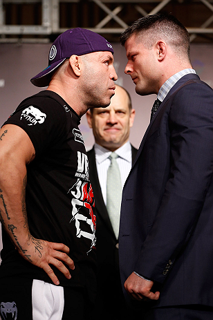 TOKYO, JAPAN - FEBRUARY 28: (L-R) Opponents Wanderlei Silva and Brian Stann face off during a UFC press conference at the Hilton Sjinjuku Hotel on February 28, 2013 in Tokyo, Japan. (Photo by Josh Hedges/Zuffa LLC/Zuffa LLC via Getty Images)
