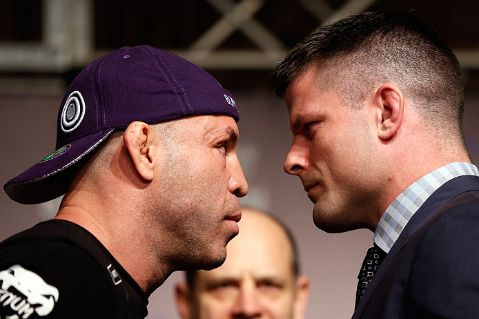 TOKYO, JAPAN - FEBRUARY 28: (L-R) Opponents Wanderlei Silva and Brian Stann face off during a UFC press conference at the Hilton Sjinjuku Hotel on February 28, 2013 in Tokyo, Japan. (Photo by Josh Hedges/Zuffa LLC/Zuffa LLC via Getty Images)