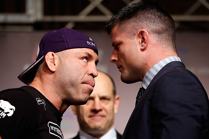 TOKYO, JAPAN - FEBRUARY 28: (L-R) Opponents Wanderlei Silva and Brian Stann face off during a UFC press conference at the Hilton Sjinjuku Hotel on February 28, 2013 in Tokyo, Japan. (Photo by Josh Hedges/Zuffa LLC/Zuffa LLC via Getty Images)