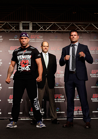 TOKYO, JAPAN - FEBRUARY 28: (L-R) Opponents Wanderlei Silva and Brian Stann pose for photos during a UFC press conference at the Hilton Sjinjuku Hotel on February 28, 2013 in Tokyo, Japan. (Photo by Josh Hedges/Zuffa LLC/Zuffa LLC via Getty Images)