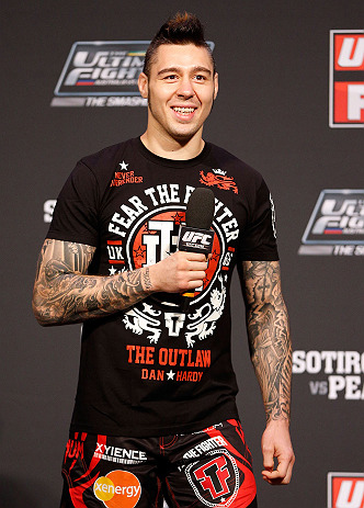 GOLD COAST, AUSTRALIA - DECEMBER 14: UFC welterweight fighter Dan Hardy interacts with fans during a Q&A session before the UFC on FX weigh in on December 14, 2012 at Gold Coast Convention and Exhibition Centre in Gold Coast, Queensland, Australia. (Pho