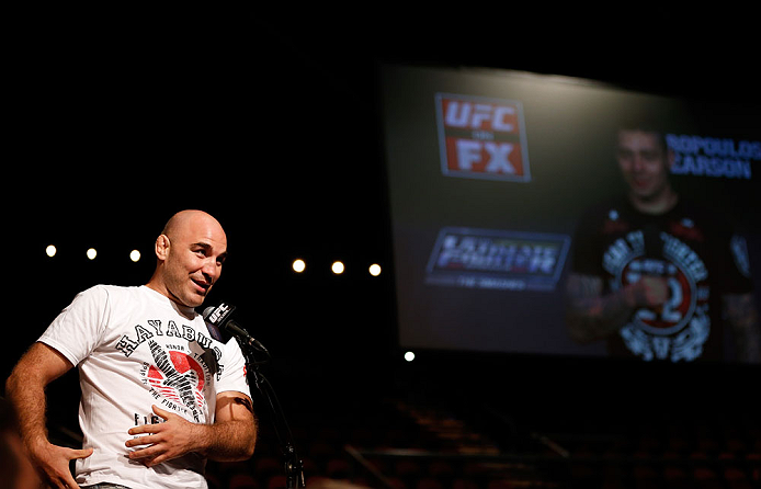 GOLD COAST, AUSTRALIA - DECEMBER 14: Fellow UFC fighter Brian Ebersole asks a question of Dan Hardy during a Q&A session before the UFC on FX weigh in on December 14, 2012 at Gold Coast Convention and Exhibition Centre in Gold Coast, Queensland, Australi