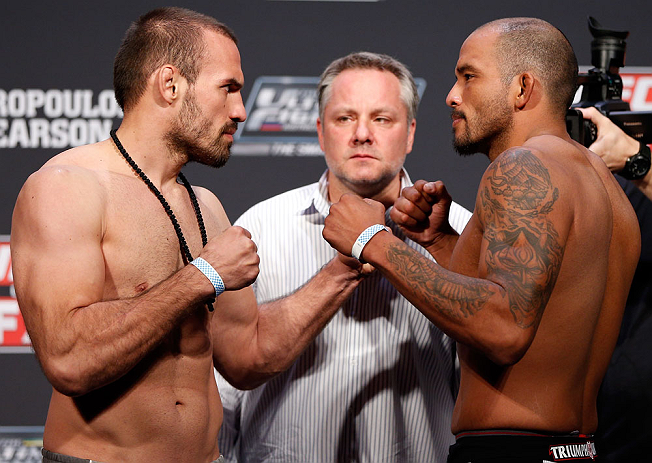 GOLD COAST, AUSTRALIA - DECEMBER 14: (L-R) Opponents Igor Pokrajac and Joey Beltran face off during the UFC on FX weigh in on December 14, 2012 at Gold Coast Convention and Exhibition Centre in Gold Coast, Queensland, Australia. (Photo by Josh Hedges/Zu