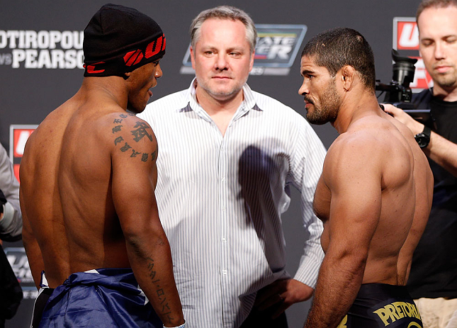 GOLD COAST, AUSTRALIA - DECEMBER 14: (L-R) Opponents Hector Lombard and Rousimar Palhares face off during the UFC on FX weigh in on December 14, 2012 at Gold Coast Convention and Exhibition Centre in Gold Coast, Queensland, Australia. (Photo by Josh Hed