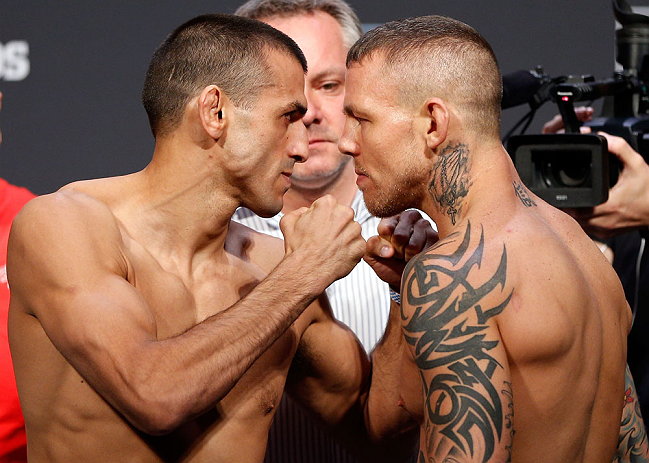 GOLD COAST, AUSTRALIA - DECEMBER 14: (L-R) Opponents George Sotiropoulos and Ross Pearson face off during the UFC on FX weigh in on December 14, 2012 at Gold Coast Convention and Exhibition Centre in Gold Coast, Queensland, Australia. (Photo by Josh Hed