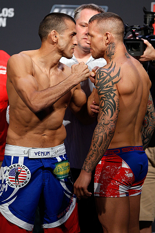GOLD COAST, AUSTRALIA - DECEMBER 14: (L-R) Opponents George Sotiropoulos and Ross Pearson face off during the UFC on FX weigh in on December 14, 2012 at Gold Coast Convention and Exhibition Centre in Gold Coast, Queensland, Australia. (Photo by Josh Hed