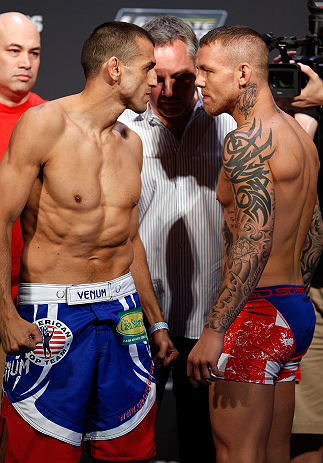 GOLD COAST, AUSTRALIA - DECEMBER 14: (L-R) Opponents George Sotiropoulos and Ross Pearson face off during the UFC on FX weigh in on December 14, 2012 at Gold Coast Convention and Exhibition Centre in Gold Coast, Queensland, Australia. (Photo by Josh Hed
